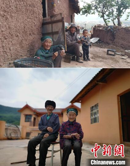 上圖為甲甲溝村村民羅木你坡夫婦所住的舊房，下圖為夫婦倆遷入的新居。(拼版圖) 張浪 攝